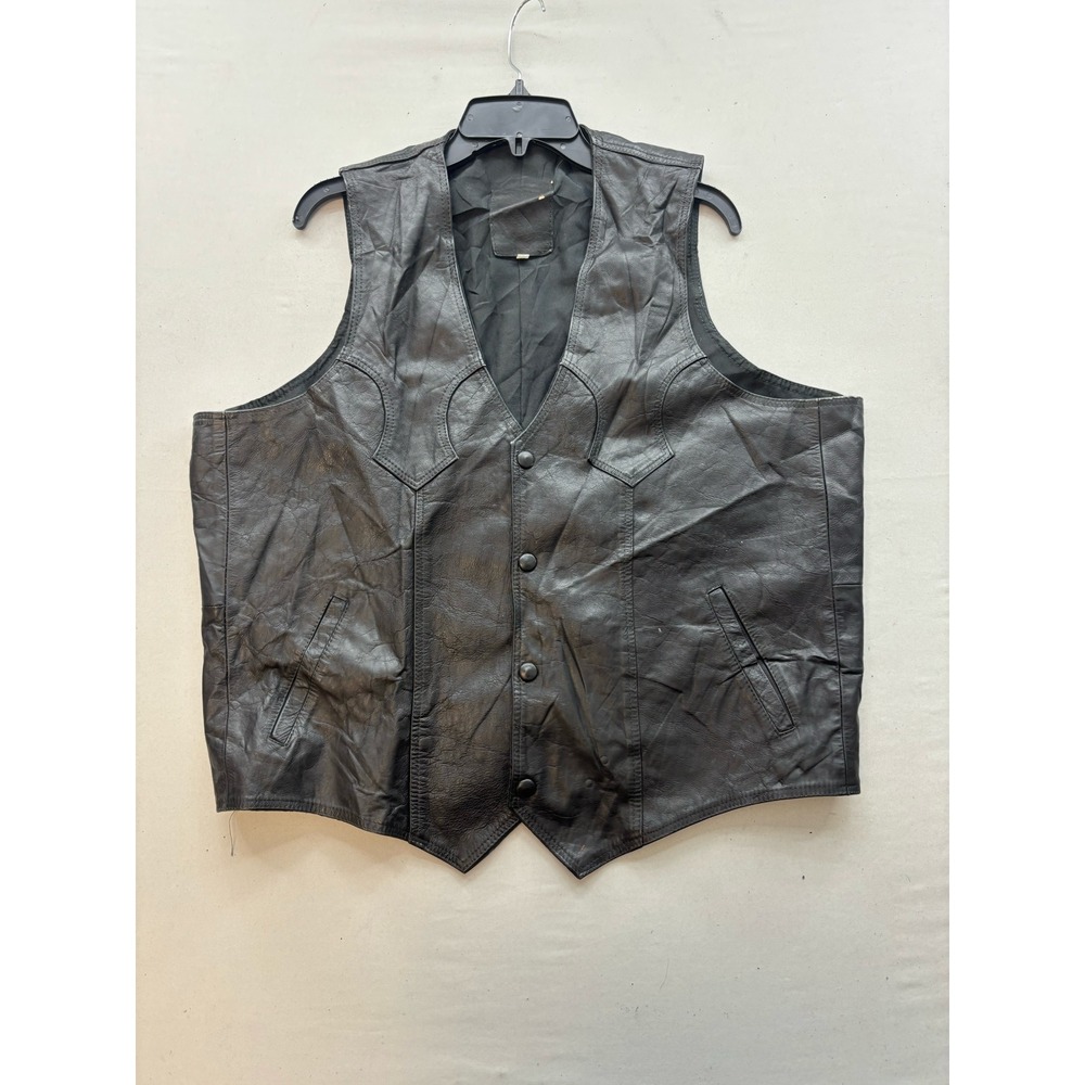 Vintage Black Leather Biker Vest Western Snap Front Motorcycle Waistcoat 48
